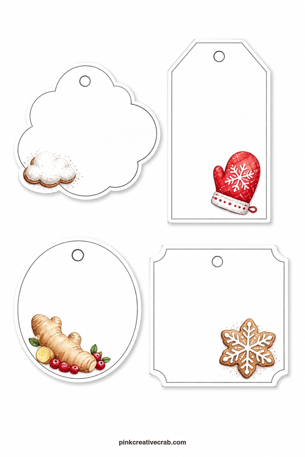 Powdered Sugar Cloud Tags printable page — A cloud-shaped tag dusted with powdered sugar snow brings a softer shape into the set, useful when you want