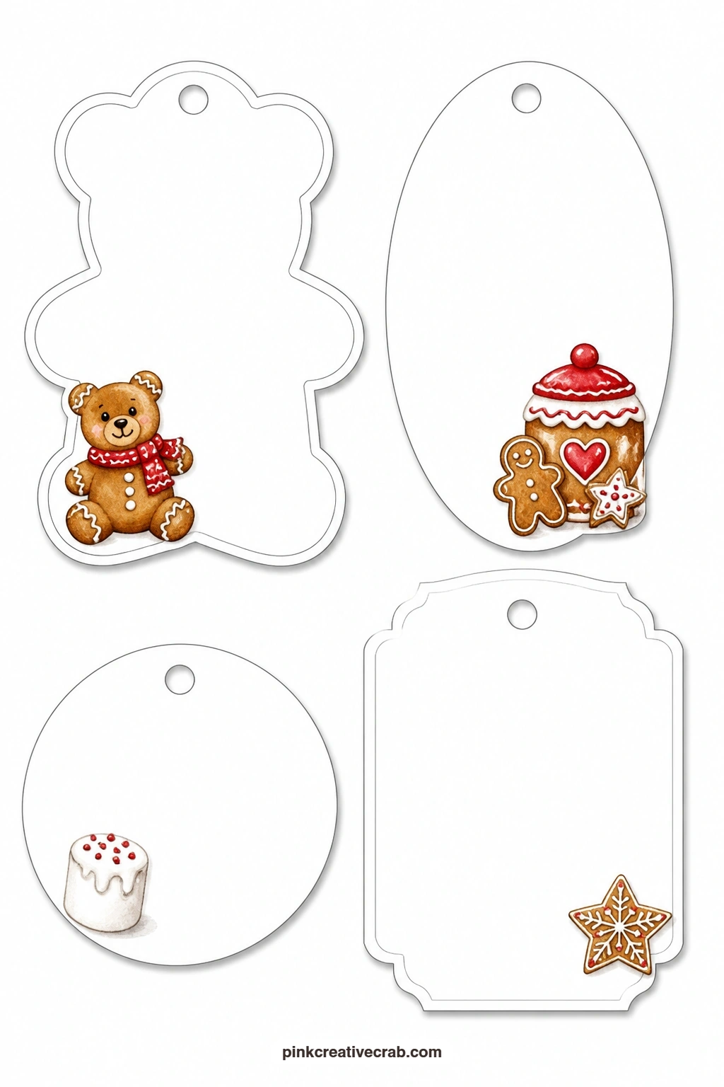Gingerbread Bear Tags printable page — A gingerbread bear tag wears a red icing scarf around its neck, the oval tag beside it shows a cookie jar, and the round