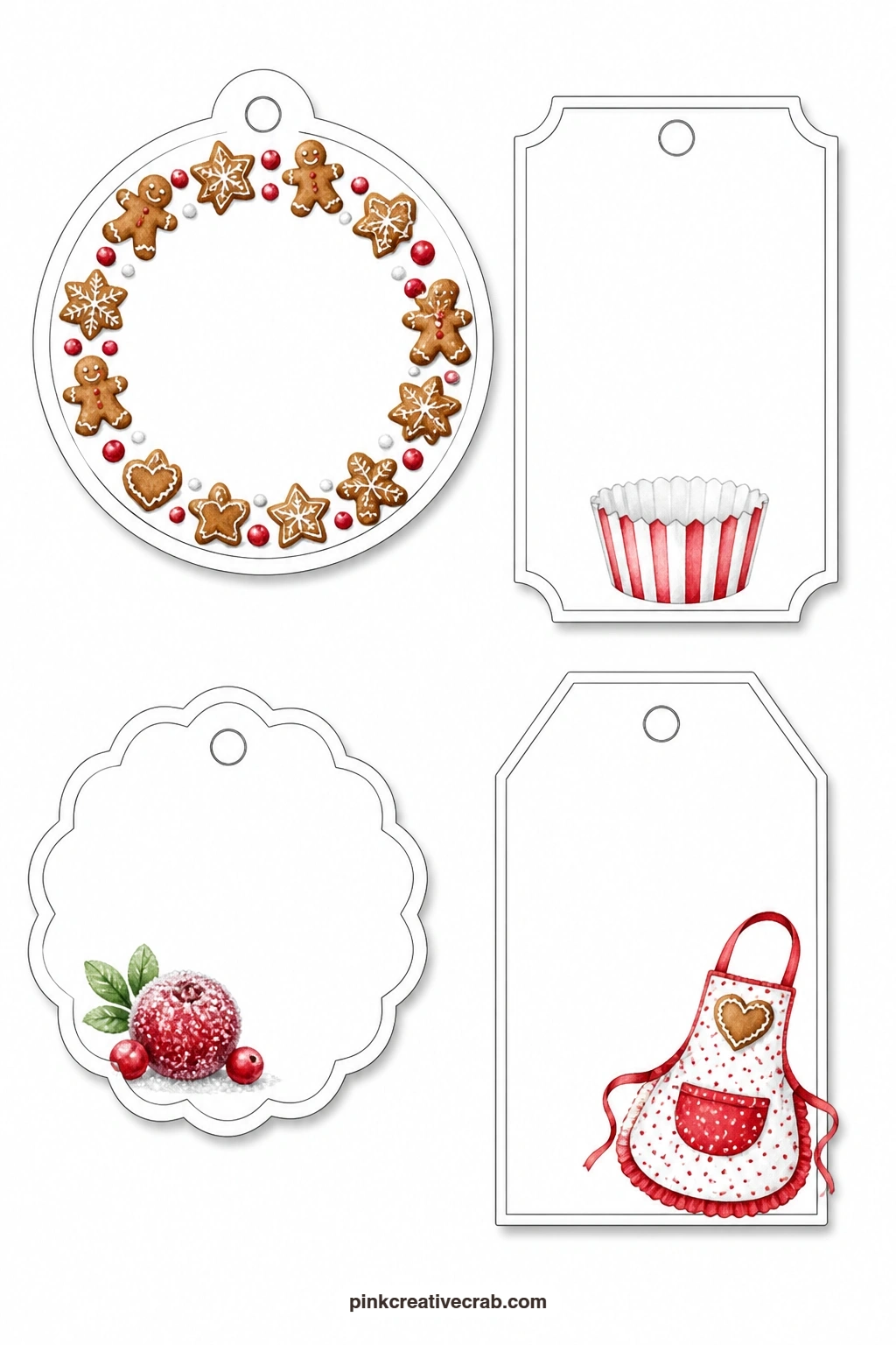Cookie Wreath And Apron Tags printable page — A round tag shows a wreath made of mini gingerbread cookies, a nice centerpiece shape for a gift tag on a large