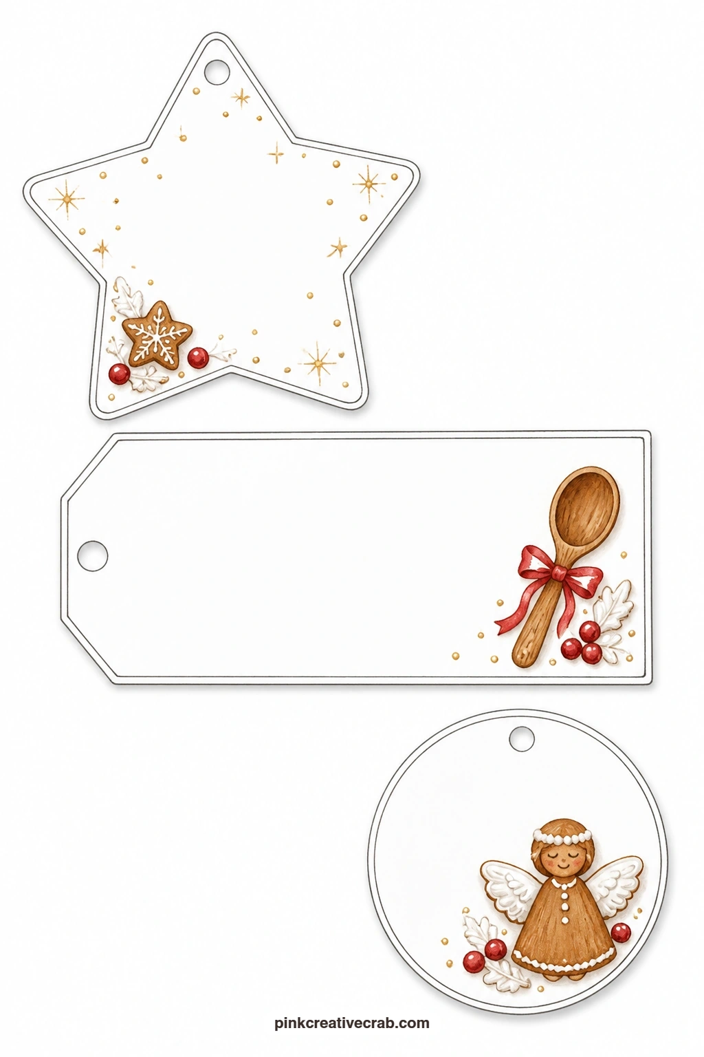 Gold Star And Angel Tags printable page — A star tag catches the eye with scattered gold sprinkles across the surface, the rectangular label shows a wooden