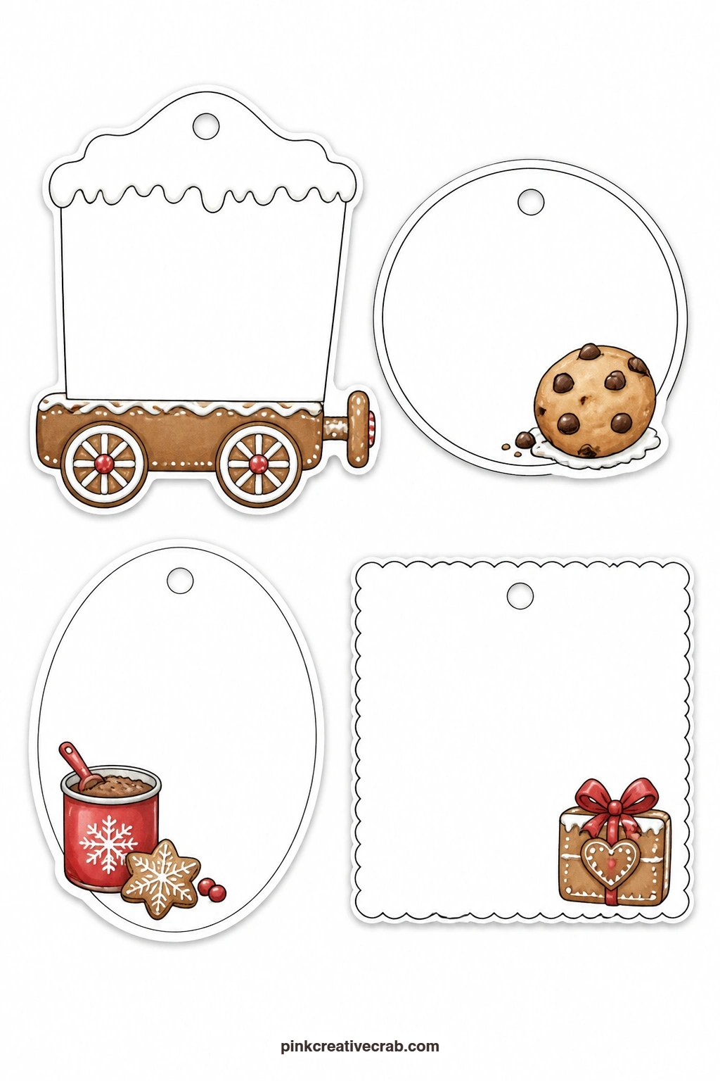Gingerbread Train Tags printable page — The gingerbread train car tag brings a playful shape to the sheet, good for gifts headed to children or for a cute