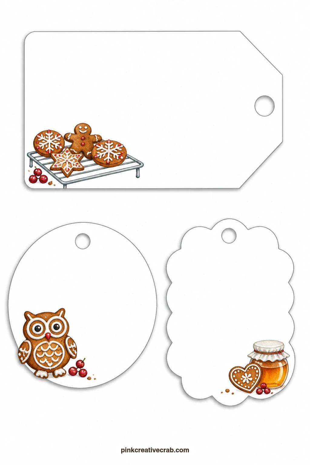 Cooling Rack And Owl Tags printable page — A luggage tag shows a cooling rack lined with fresh cookies, the round tag beside it carries a gingerbread owl, and