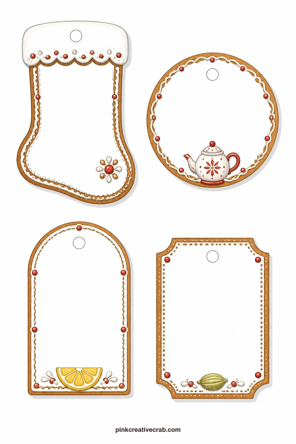 Stocking And Teapot Tags printable page — The gingerbread stocking tag has an icing cuff at the top, a shape that fits neatly on a small gift tucked into a