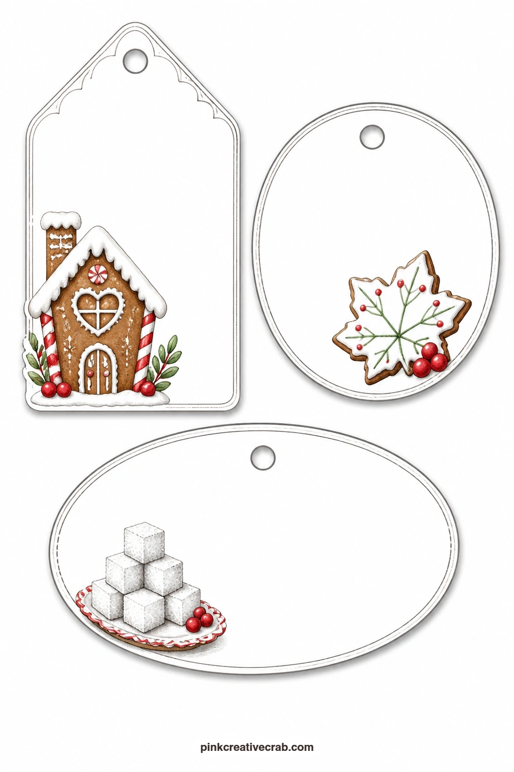Gingerbread Cottage Tags printable page — A gingerbread cottage tag has a small heart cut into the window, the round tag beside it carries a mint leaf cookie