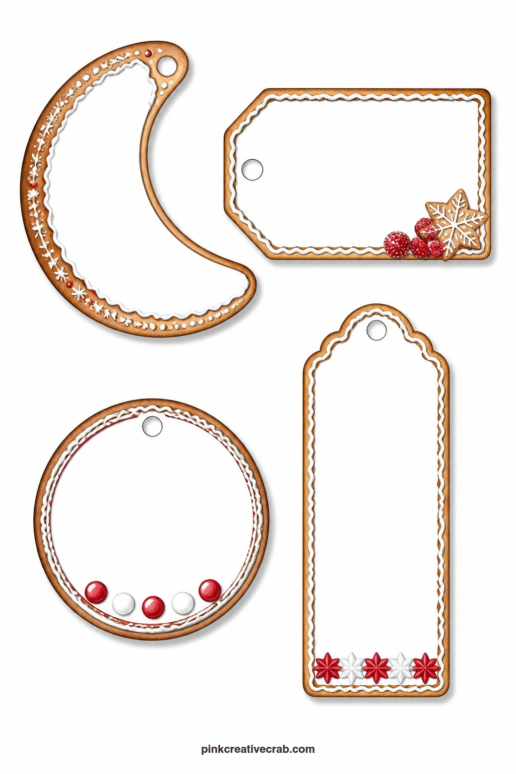 Gingerbread Moon And Recipe Tags printable page — A gingerbread moon tag brings a quieter night-time shape into the set, paired with a luggage tag left blank