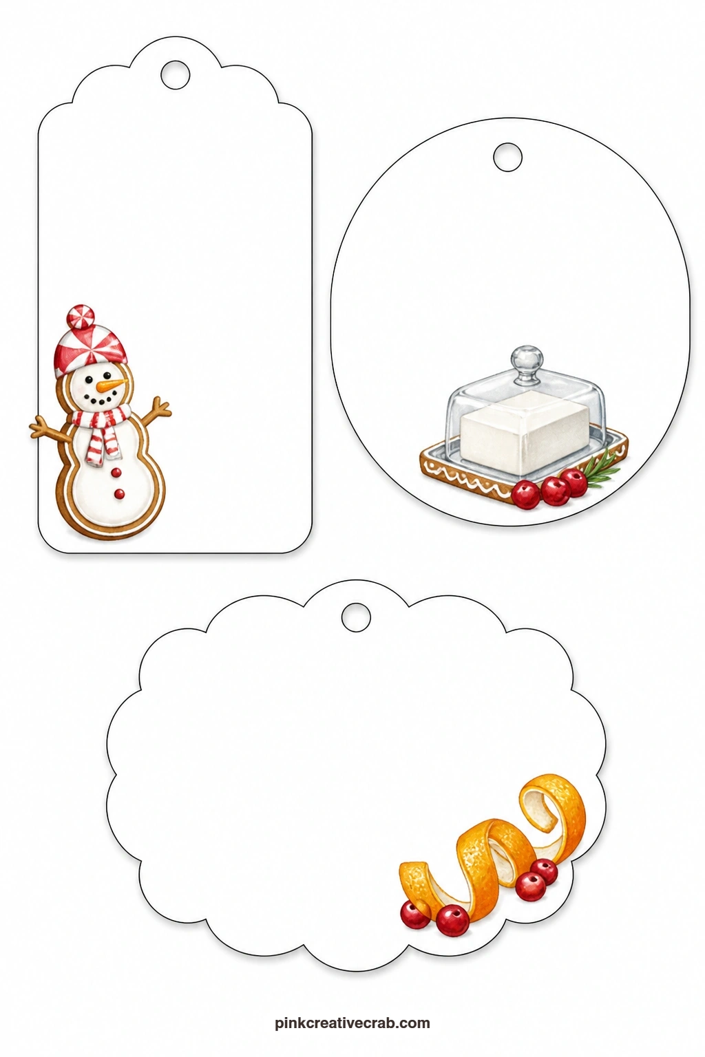 Snowman And Butter Dish Tags printable page — A gingerbread snowman tag wears a peppermint candy hat, the round tag beside it shows a small butter dish, and