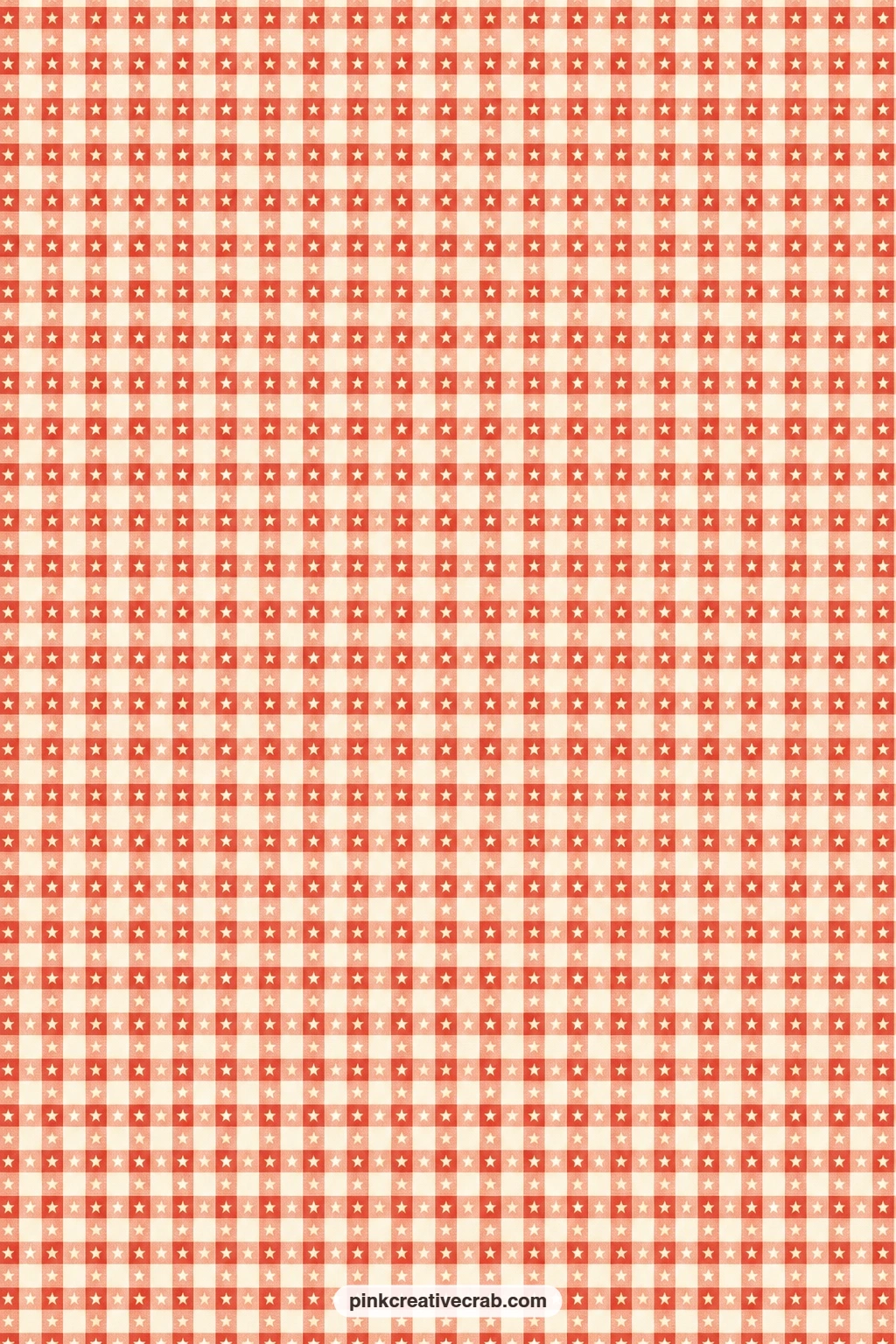 Starry Gingham Paper printable page — Tiny white stars sit inside a small red gingham grid, good as a pocket lining that peeks out from behind a journal photo.