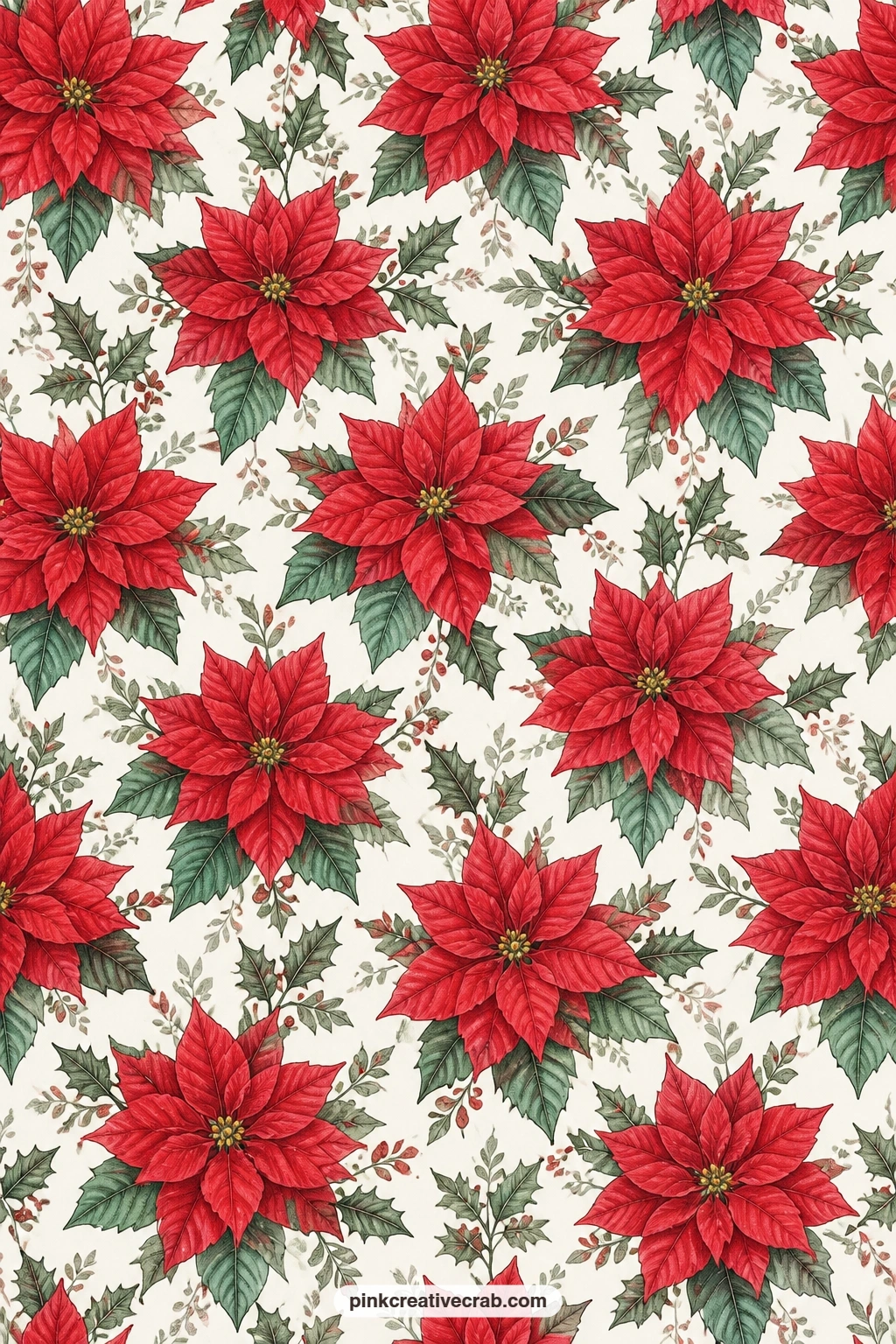 Poinsettia Floral Paper printable page — Large red poinsettia blooms spread across white, striking enough to wrap a small gift box on its own without extra
