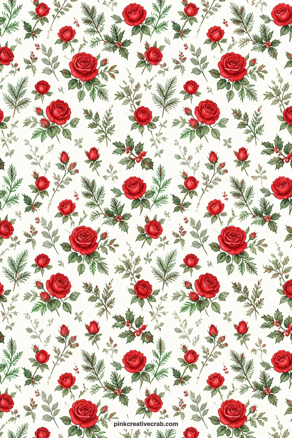 Rose and Greenery Paper printable page — Red roses mix with winter greenery sprigs, a softer floral option for anyone who also likes the red painting ideas on