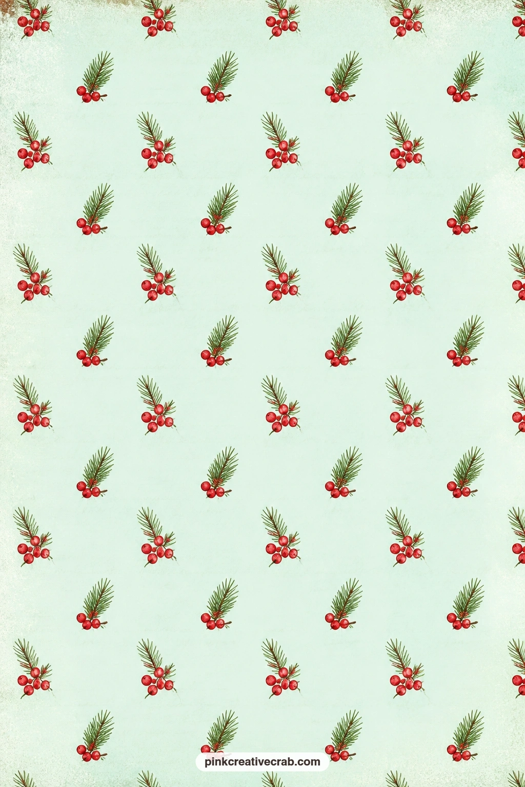 Berry and Pine Half-Drop Paper printable page — Red berries and pine sprigs sit in a half-drop repeat on pale mint, a calm choice behind a sticker on a card