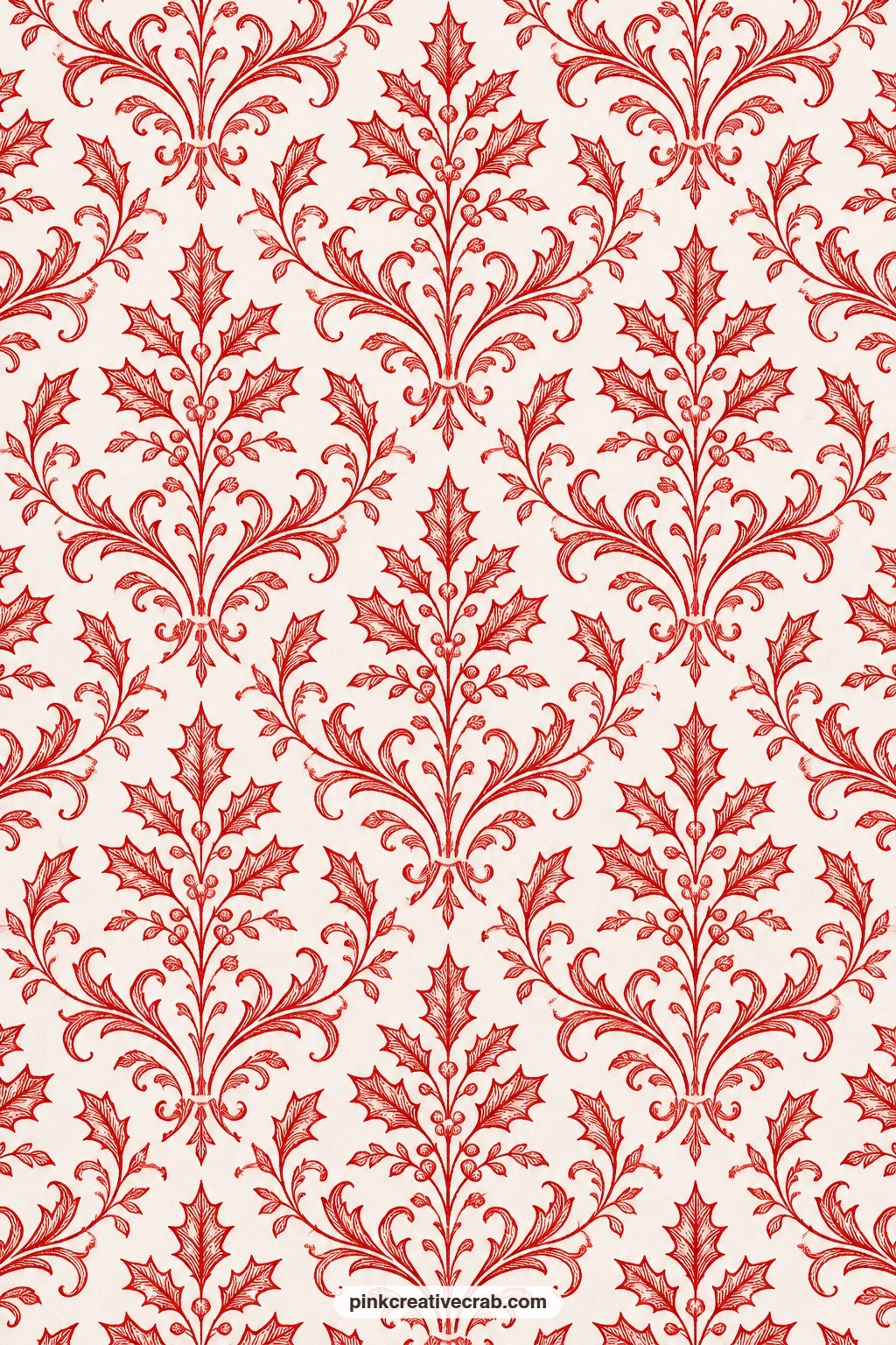Damask Holly Scroll Paper printable page — Holly scrolls form a classic damask shape across white, a good folio or book cover choice for a more formal holiday
