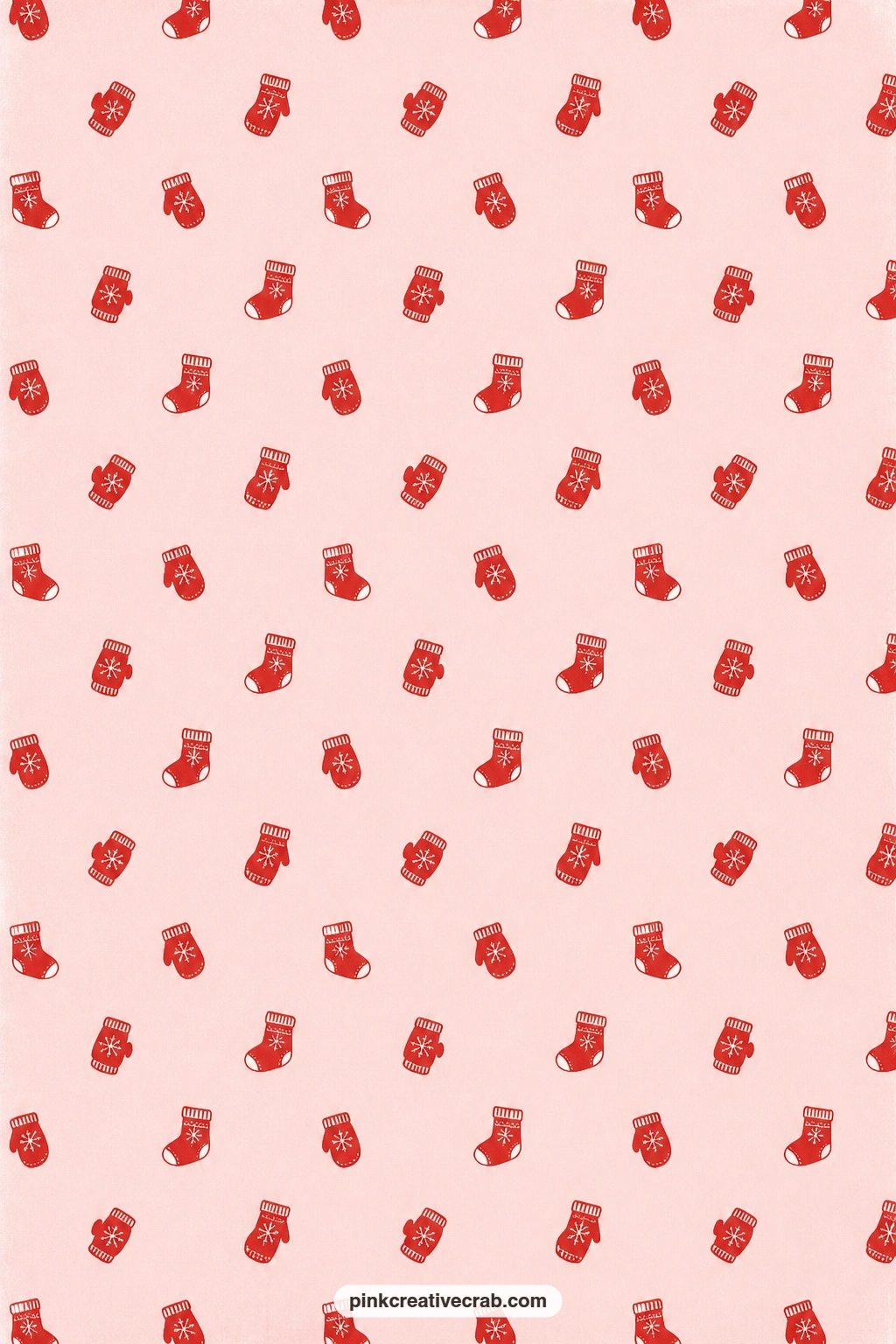 Mittens and Stockings Paper printable page — Red mittens and stockings repeat as small icons on pale pink, pairing nicely with the cardinal paper on a kids'