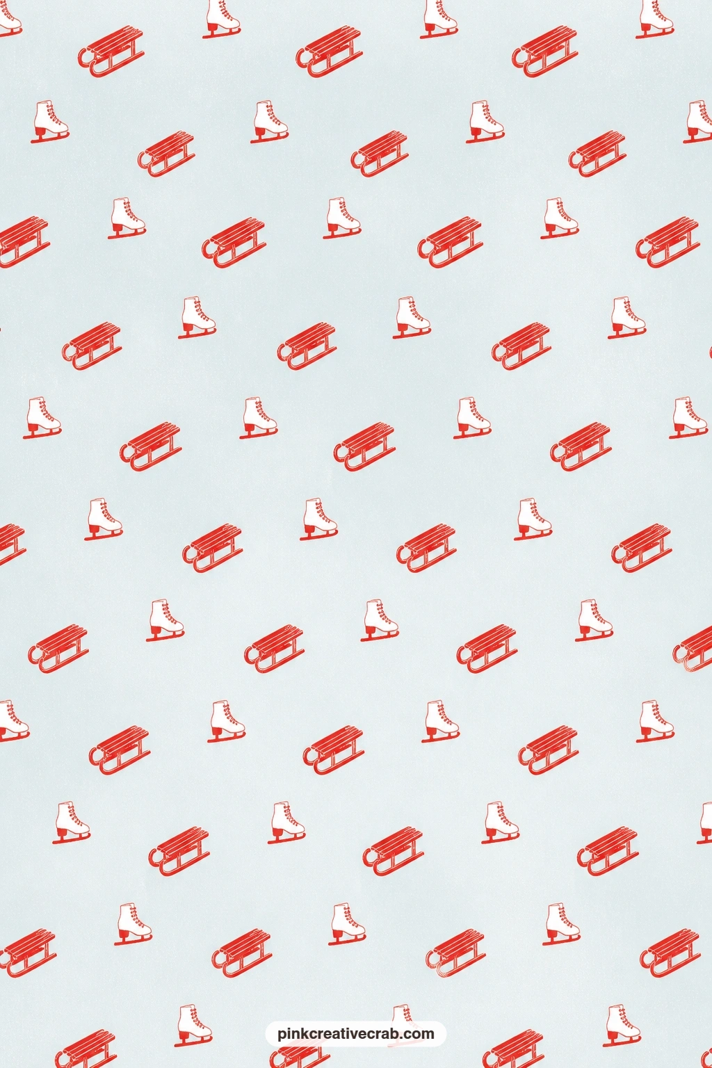 Sled and Skate Icon Paper printable page — Red sleds and ice skates scatter across pale blue, light enough for a gift tag or a small envelope lining. Red