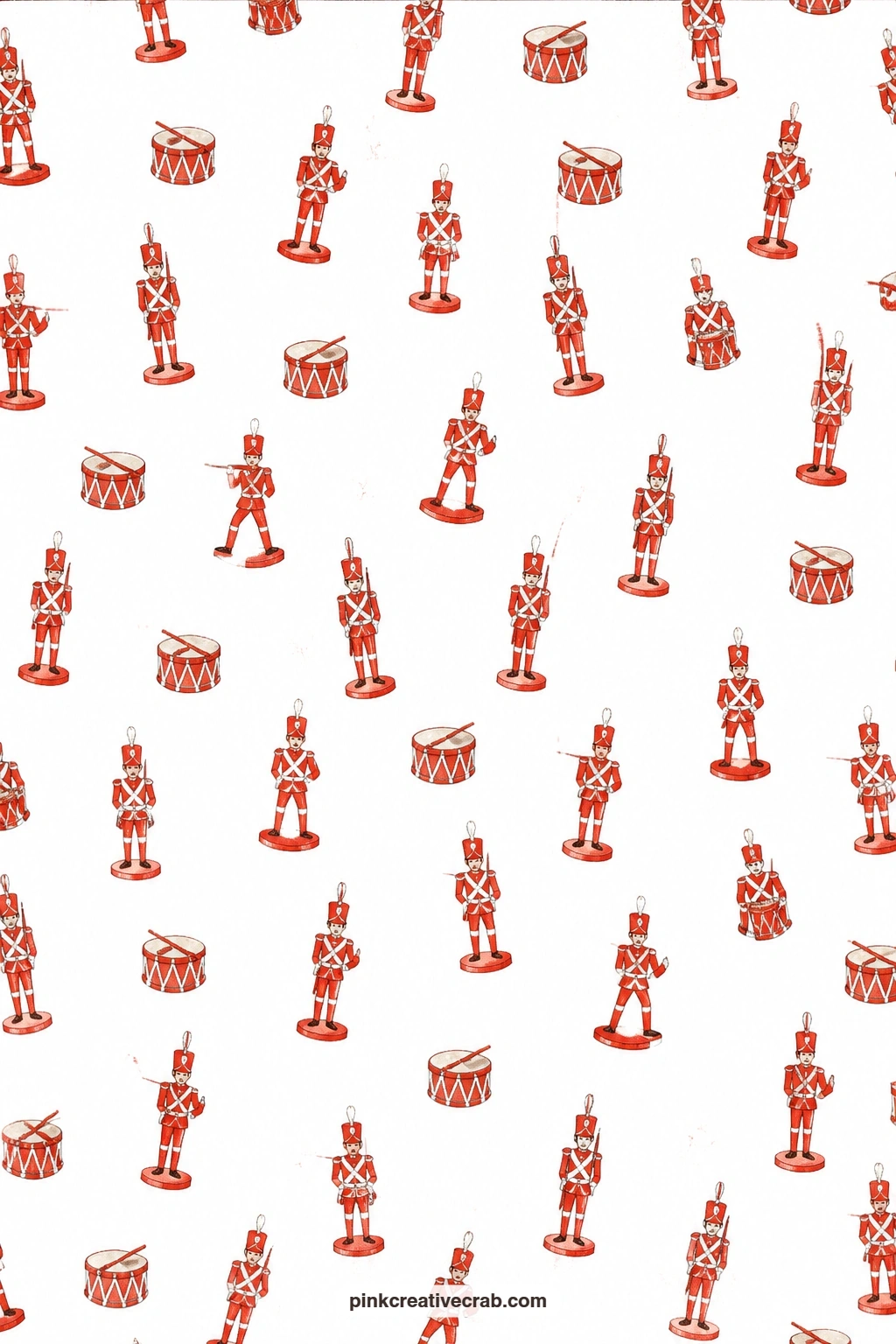 Toy Soldier Scatter Paper printable page — Red drums and toy soldiers scatter loosely on white, a playful base for a kids' card mat or a gift wrap for a small