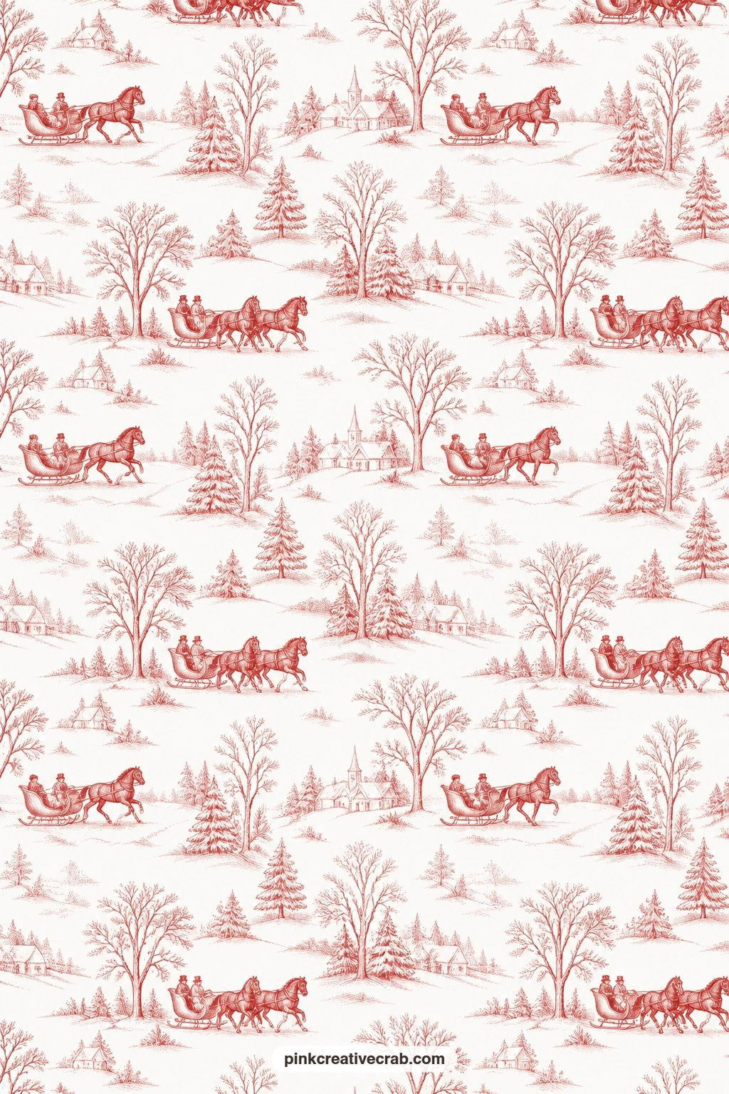 Sleigh Ride Toile Paper printable page — A red Christmas toile of sleigh rides covers the page in fine linework, a strong book cover choice for a year-end