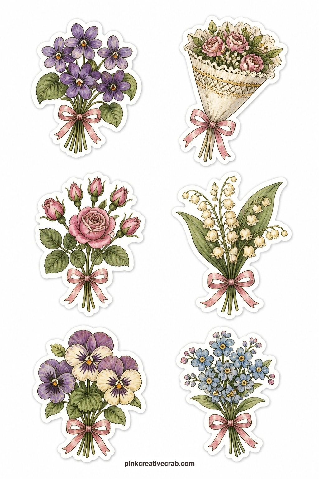 Victorian Posies Stickers printable page — Six small tied bunches sit on this sheet, each one a different old-fashioned posy: a violet posy, a tussie mussie, a