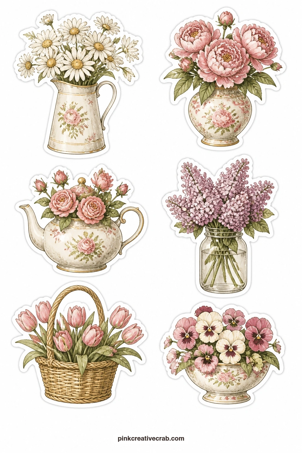 Flowers In Vases Stickers printable page — A jug of daisies, a vase of peonies, a teapot of roses, a jar of lilacs, a basket of tulips and a bowl of pansies