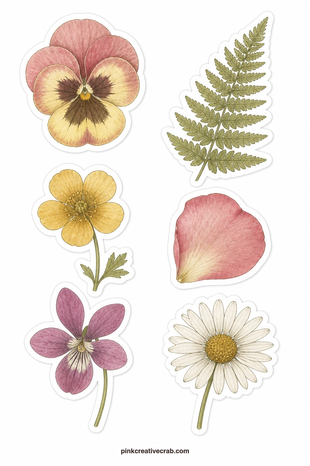 Pressed Flowers Stickers printable page — Flat and papery rather than full and round, this sheet gives you a pressed pansy, a pressed fern, a pressed