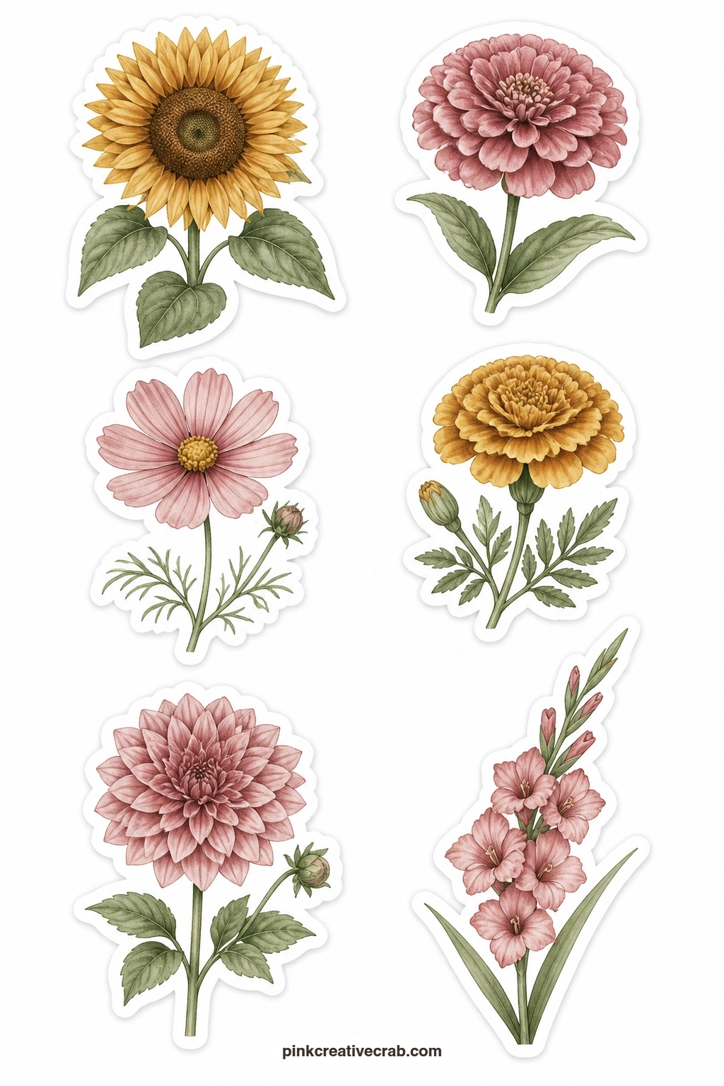 Summer Flowers Stickers printable page — A sunflower, a zinnia, a cosmos, a marigold, a dahlia and a gladiolus spike bring the brighter part of the garden to