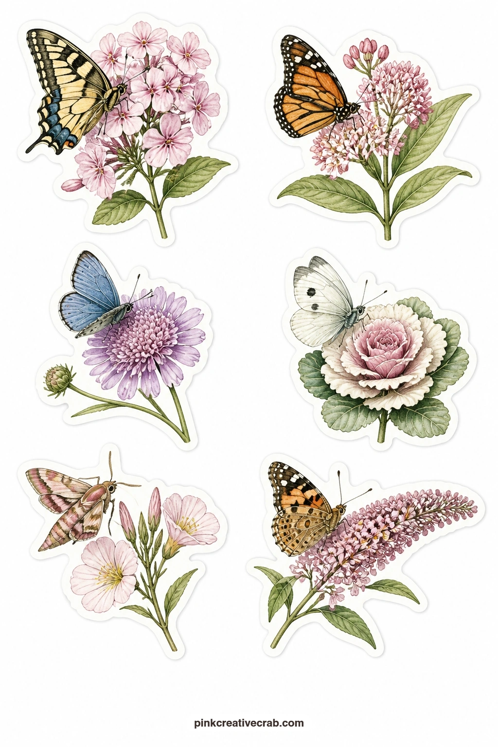 Flowers With Butterflies Stickers printable page — A swallowtail on a phlox, a monarch on a milkweed, a blue butterfly on a scabious, a white butterfly on a