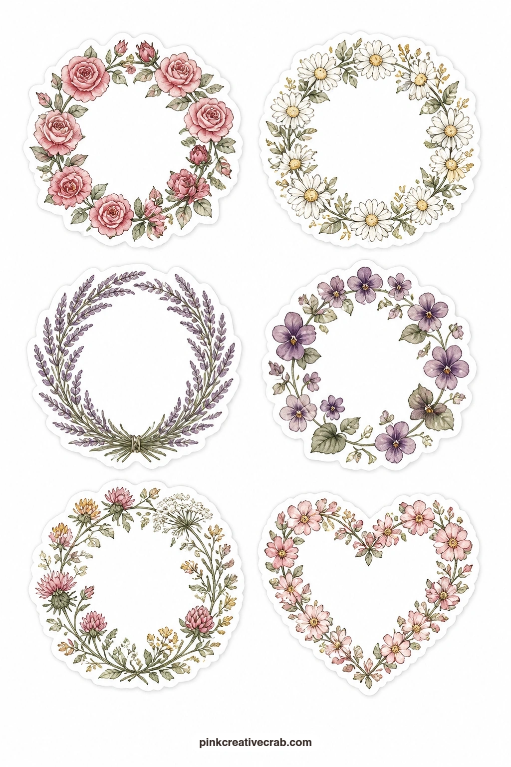 Flower Wreath Stickers printable page — Wreaths this time instead of single stems: a rose wreath, a daisy wreath, a lavender wreath, a violet wreath, a