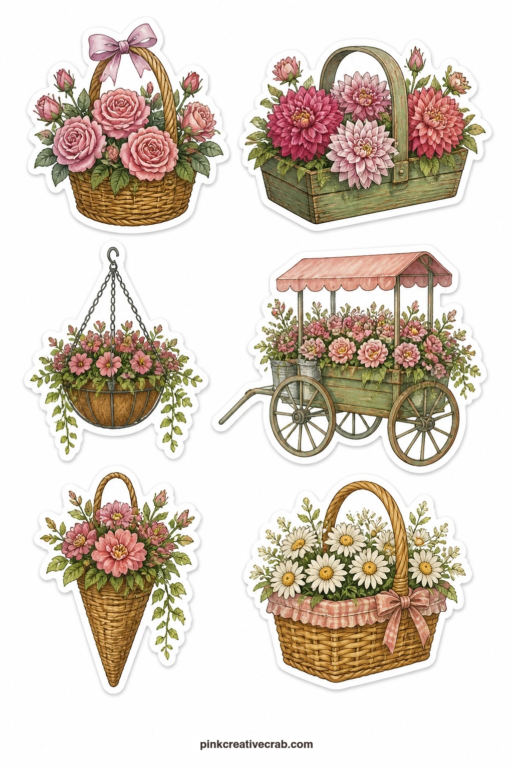 Flower Basket Stickers printable page — Six carried containers share this sheet: a wicker basket of roses, a trug of dahlias, a hanging basket, a flower cart