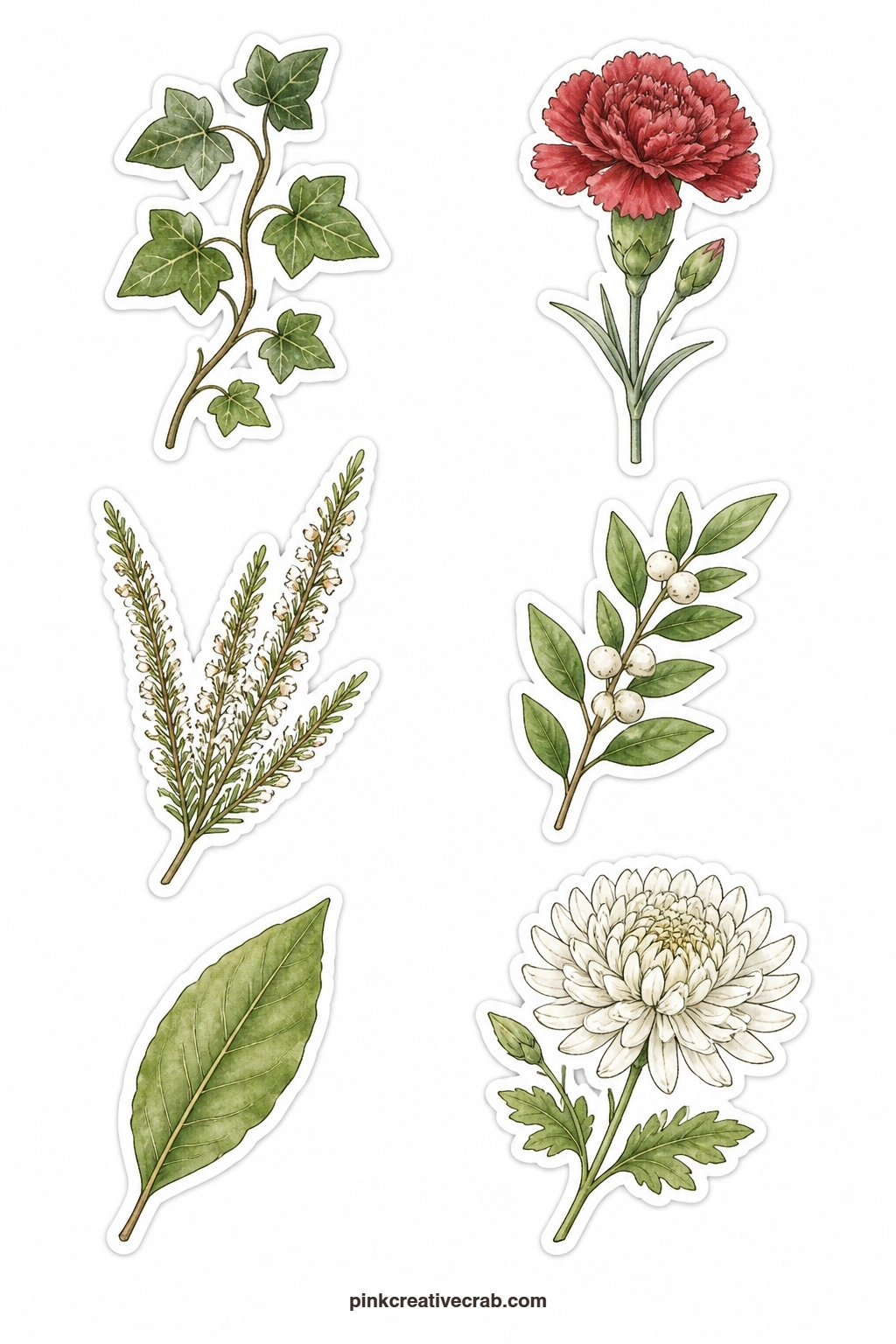 Language Of Flowers Stickers printable page — This sheet leans into old flower symbolism with an ivy sprig, a red carnation, a sprig of white heather, a sprig