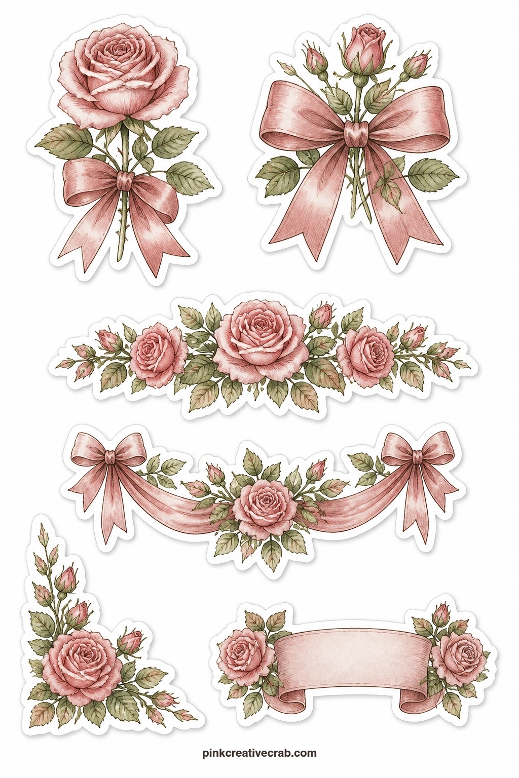 Roses And Ribbons Stickers printable page — Roses get dressed up here with a rose tied in satin ribbon, a ribbon bow with rosebuds, a rose garland, a rose