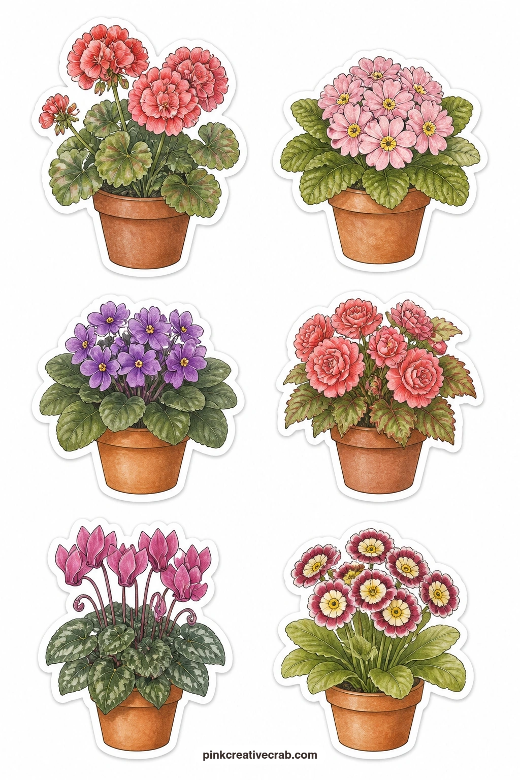 Flower Pot Stickers printable page — Six potted plants line up on this sheet: a terracotta pot of geraniums, a pot of primroses, a pot of African violets, a