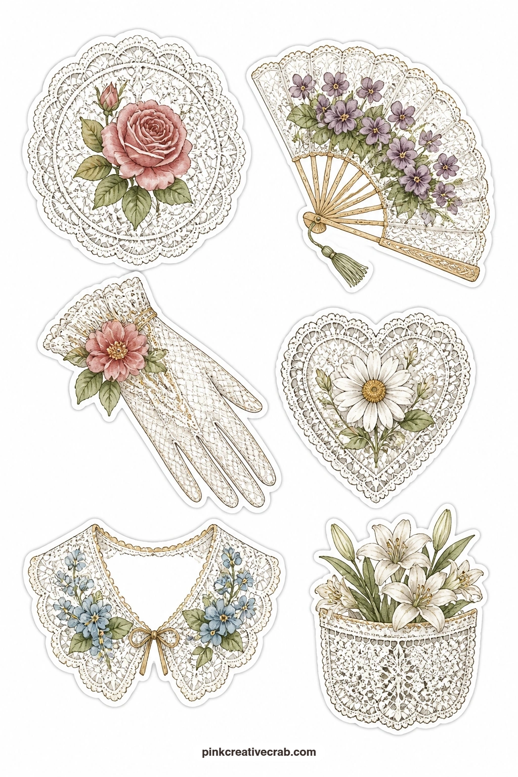Flowers And Lace Stickers printable page — Lace meets flowers on this sheet: a lace doily with a rose, a lace fan with violets, a lace glove with a flower, a