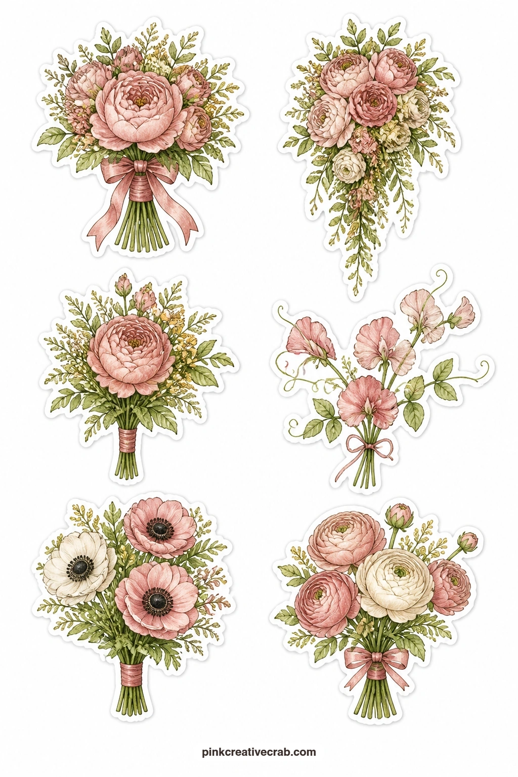 Hand-Tinted Bouquets Stickers printable page — Six gathered arrangements fill this sheet: a bridal bouquet, a cascade bouquet, a nosegay, a spray of sweet
