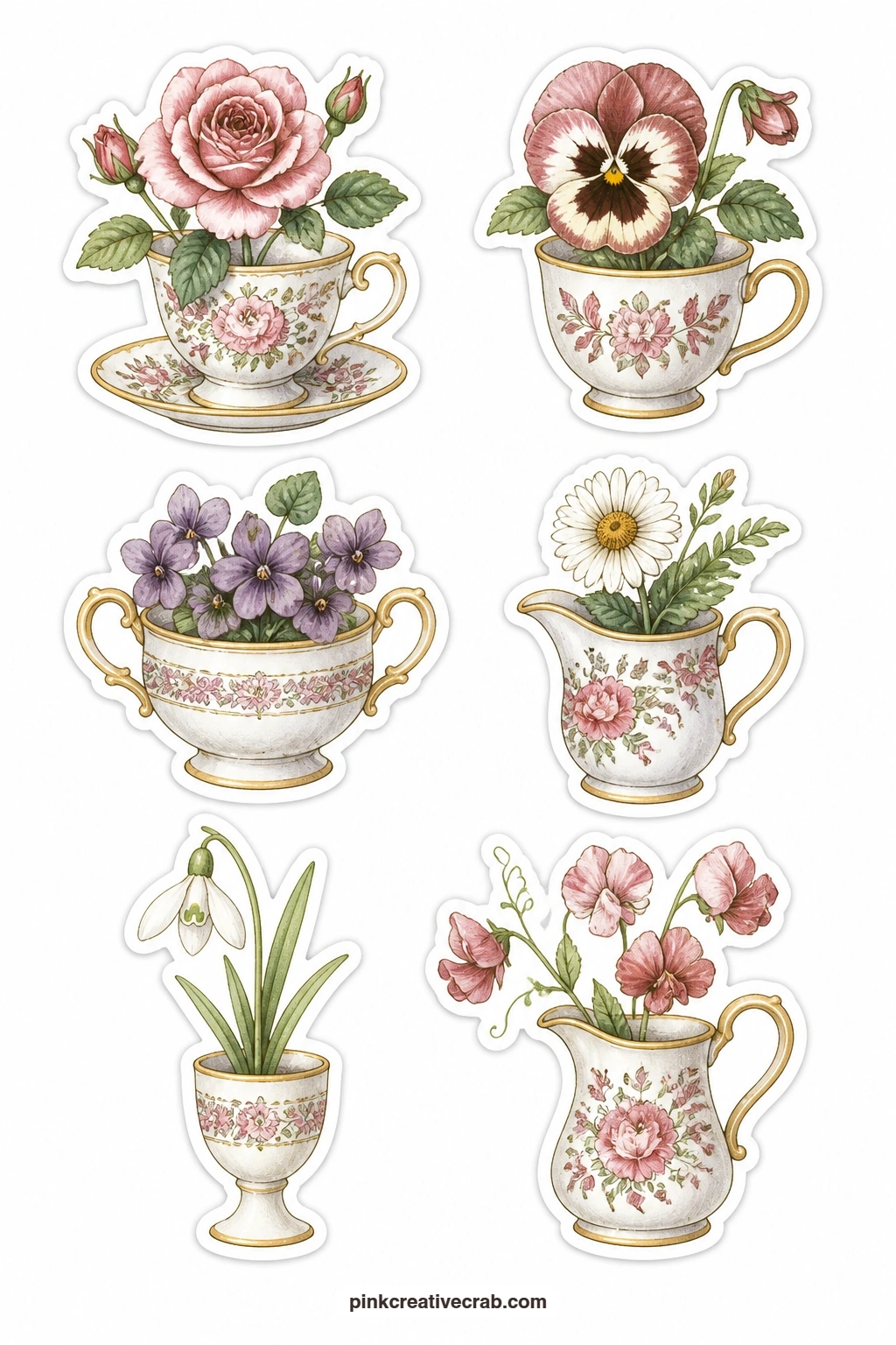 Flowers In Teacups Stickers printable page — This sheet pairs small flowers with small china pieces: a rose in a teacup, a pansy in a cup, a violet in a sugar