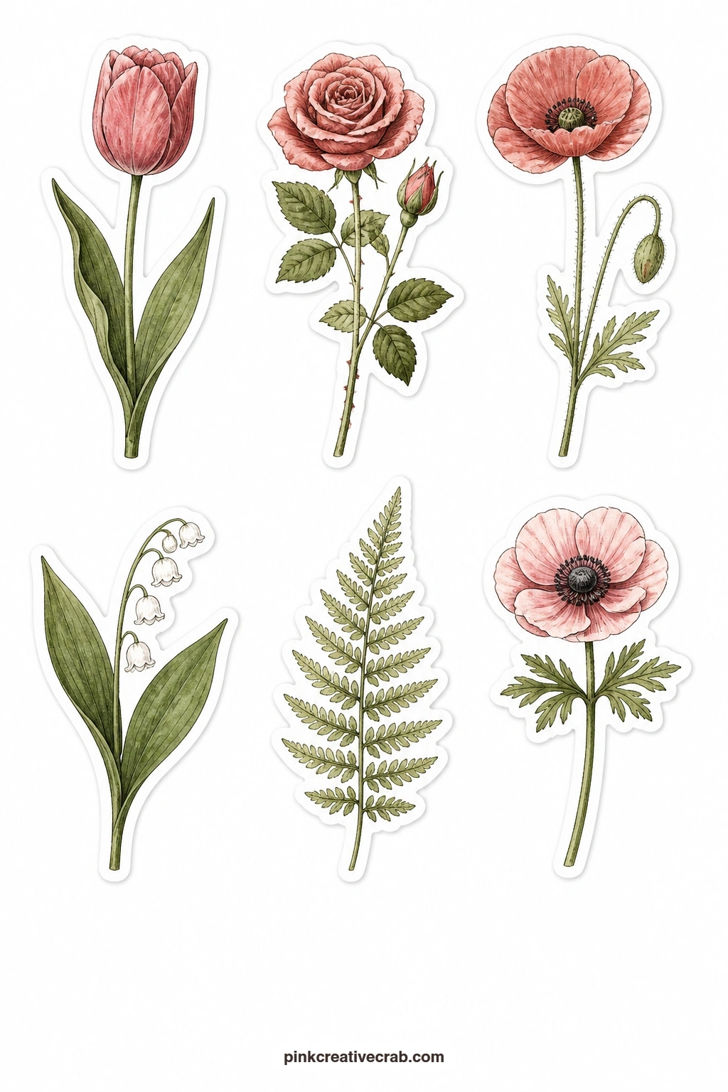 Single Stem Stickers printable page — Closing out the set, this sheet keeps things plain with a tulip stem, a rose stem, a poppy stem, a lily of the valley