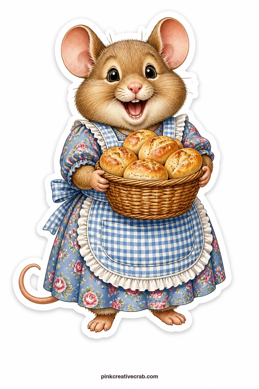 Mouse With the Morning Rolls printable page — Carrying a basket of fresh baked rolls, this plump brown mouse in a blue gingham apron looks utterly delighted