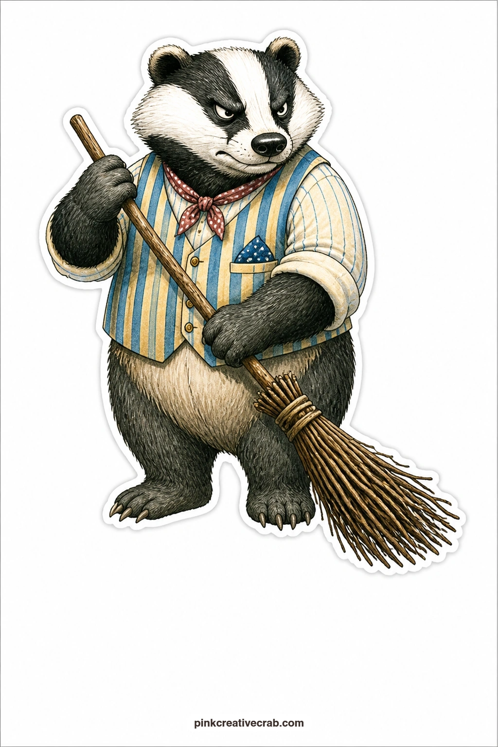 The Grumpy Doorstep Sweep printable page — Squinting at something just out of sight, a badger in a striped waistcoat sweeps the doorstep with a twig broom