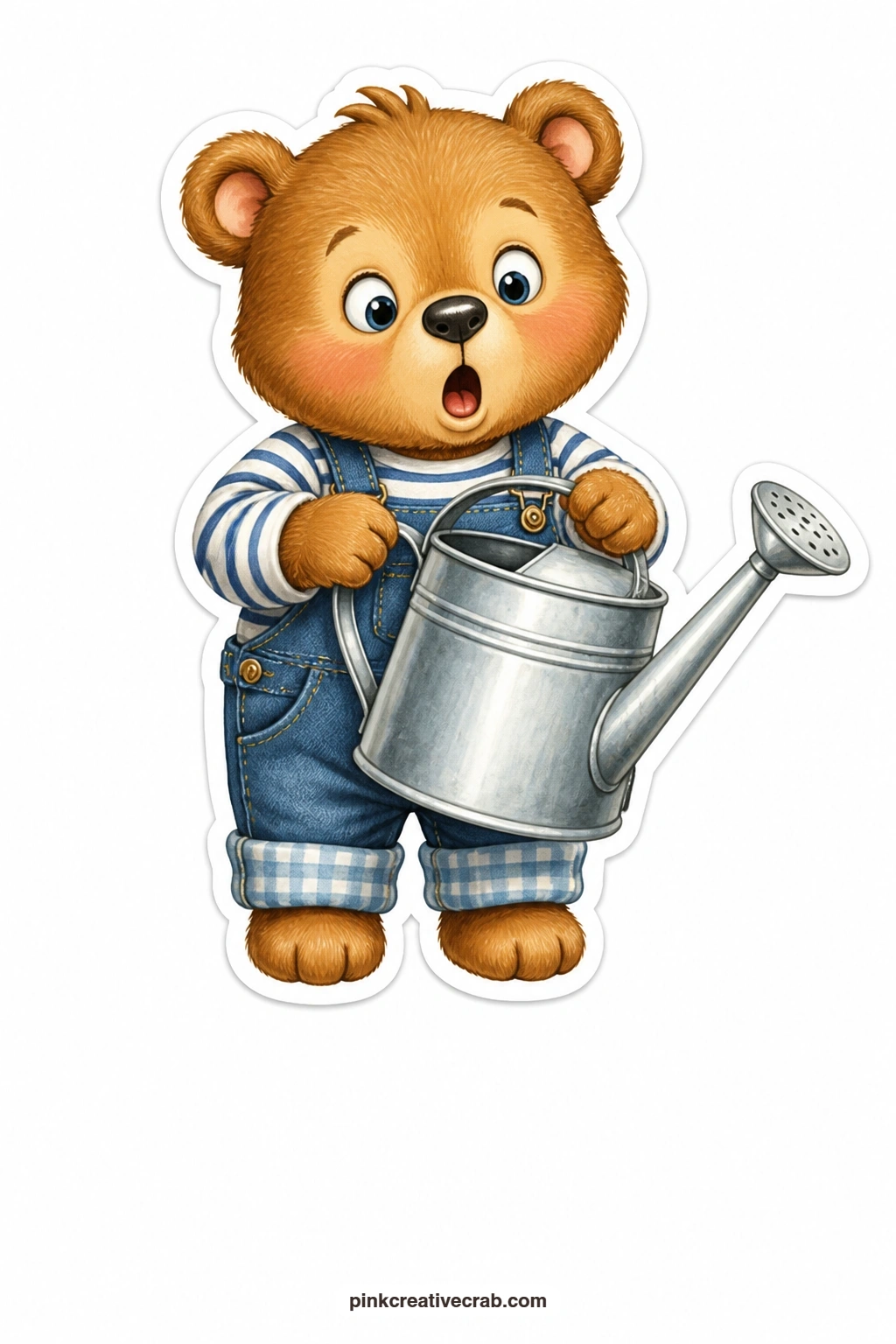 The Watering Can Surprise printable page — Wide-eyed and caught off balance, a little bear in dungarees holds a watering can clearly far too heavy for him