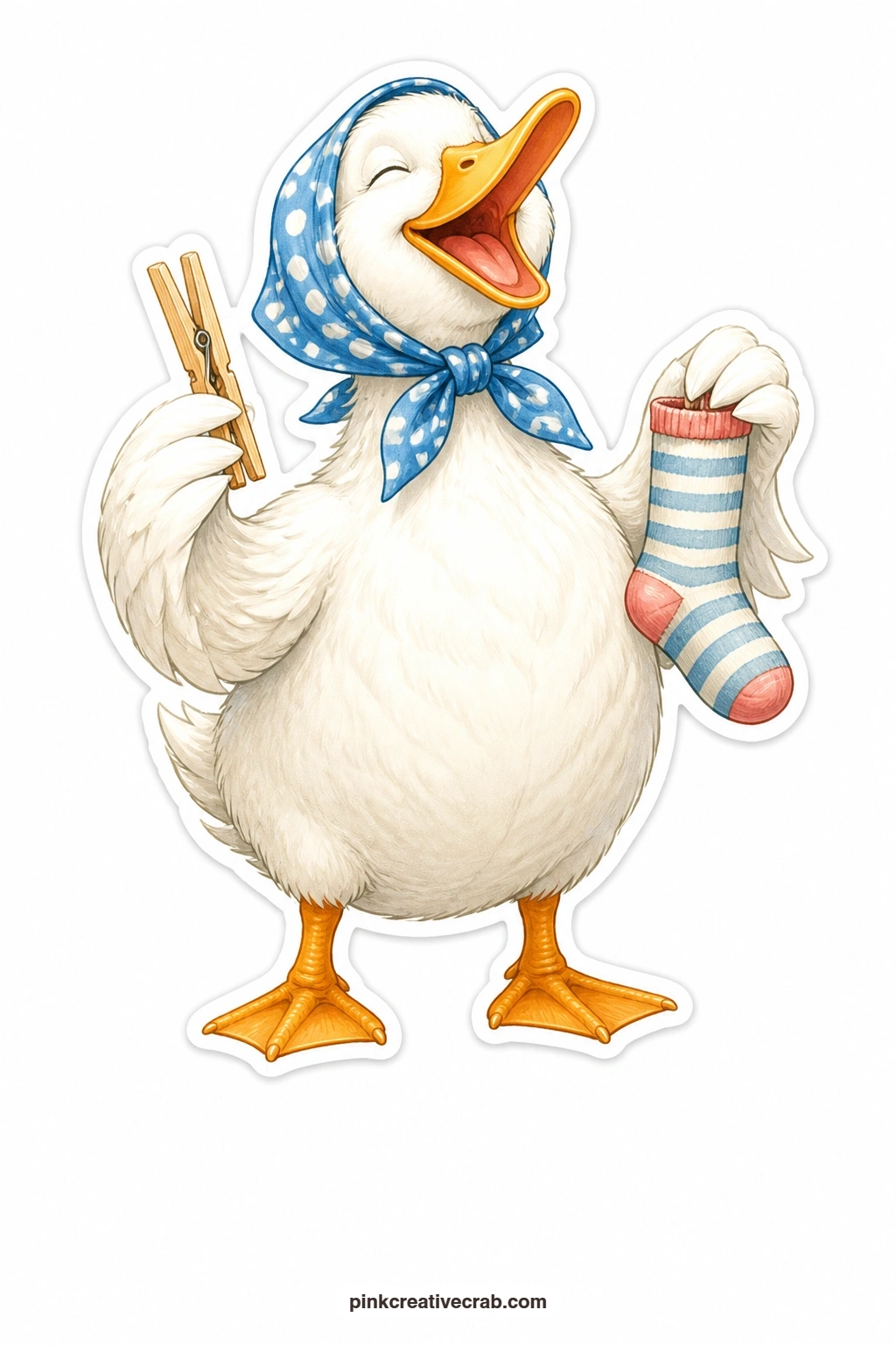 Laundry Day Duck printable page — Laughing at something only she finds funny, a white duck in a polka dot head scarf holds up a clothes peg in one wing and a