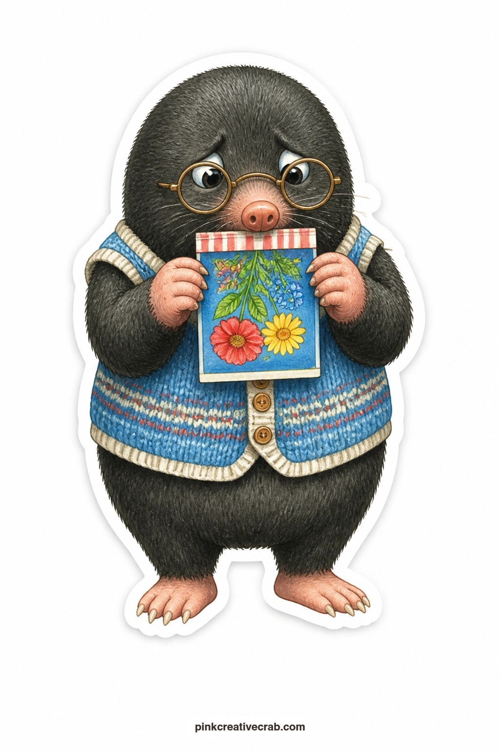 The Upside Down Seed Packet printable page — Puzzling over instructions that make no sense at all, a mole in round glasses and a knitted vest holds a seed