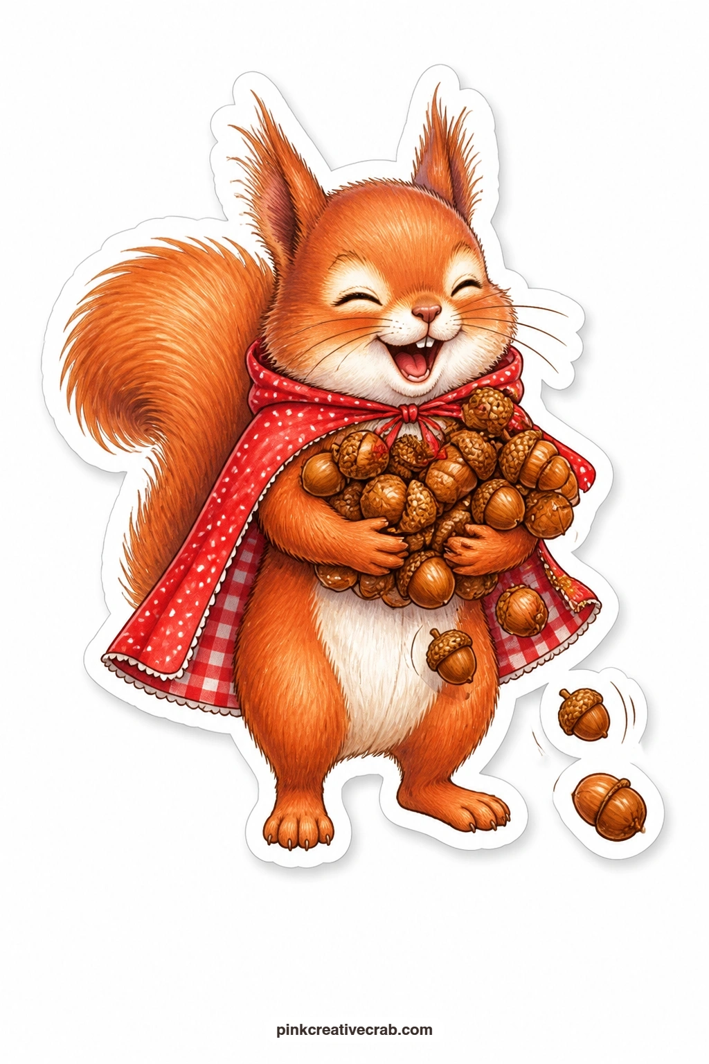 Acorns Everywhere printable page — Giggling helplessly, a squirrel in a red cape tries to carry an armful of acorns that keep tumbling out no matter how she