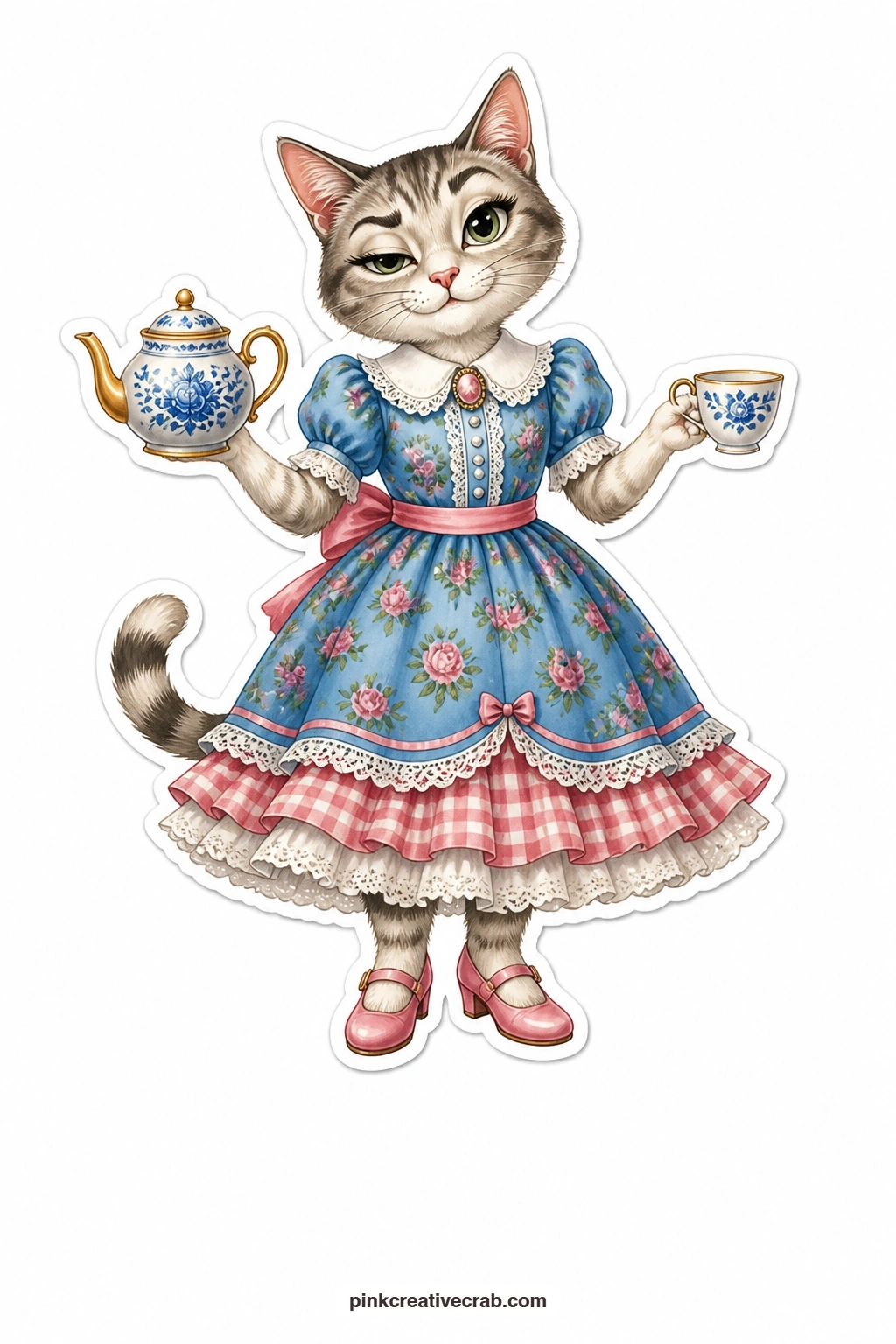 Tea for One, Maybe printable page — Chin tilted up, a cat in a lace collar dress holds a teapot in one paw and exactly one cup in the other, the picture of