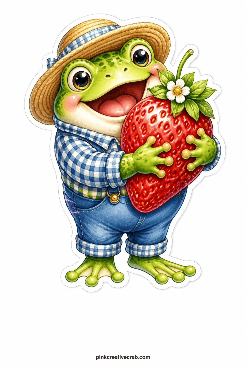 The Overjoyed Strawberry Hug printable page — Hugging a strawberry nearly as big as he is, a frog in a straw hat and checked shirt looks overjoyed beyond