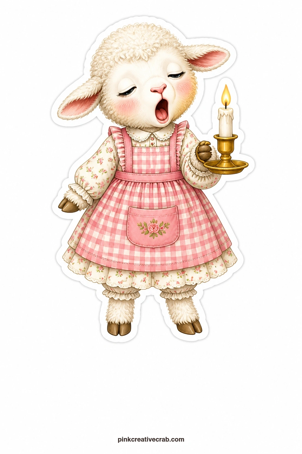 The Sleepy Little Candle printable page — Yawning so wide her eyes have nearly closed, a lamb in a pink pinafore carries a little candle in a holder, clearly