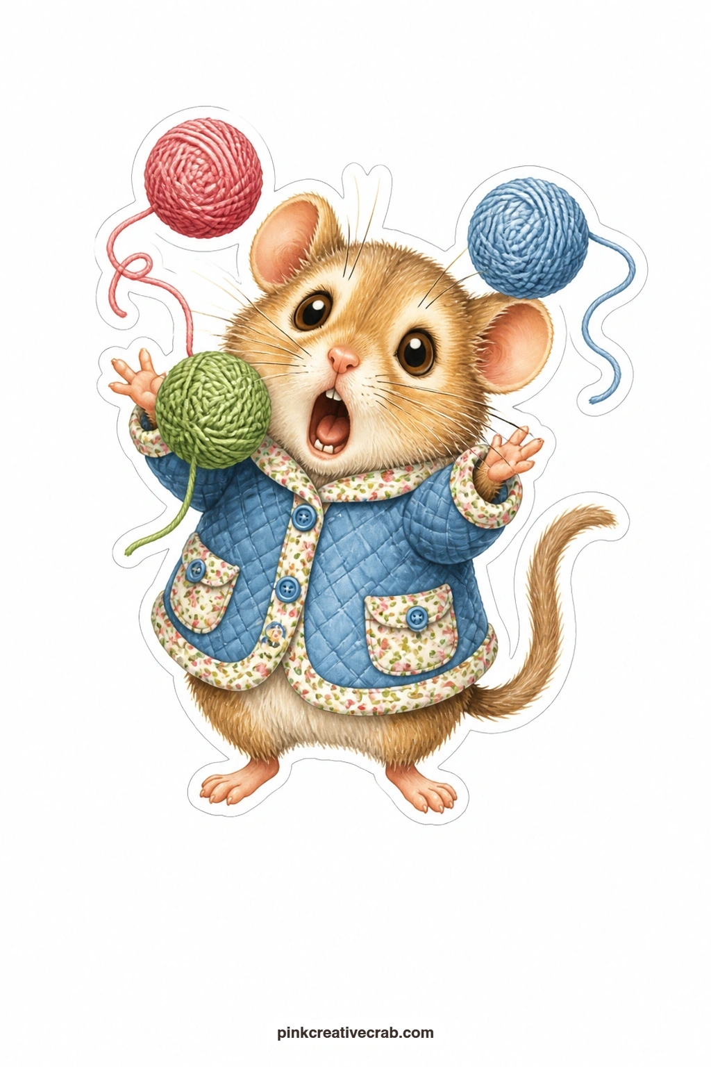 Three Balls of Wool printable page — Flustered beyond belief, a dormouse in a quilted jacket juggles three balls of wool at once, none of them staying still