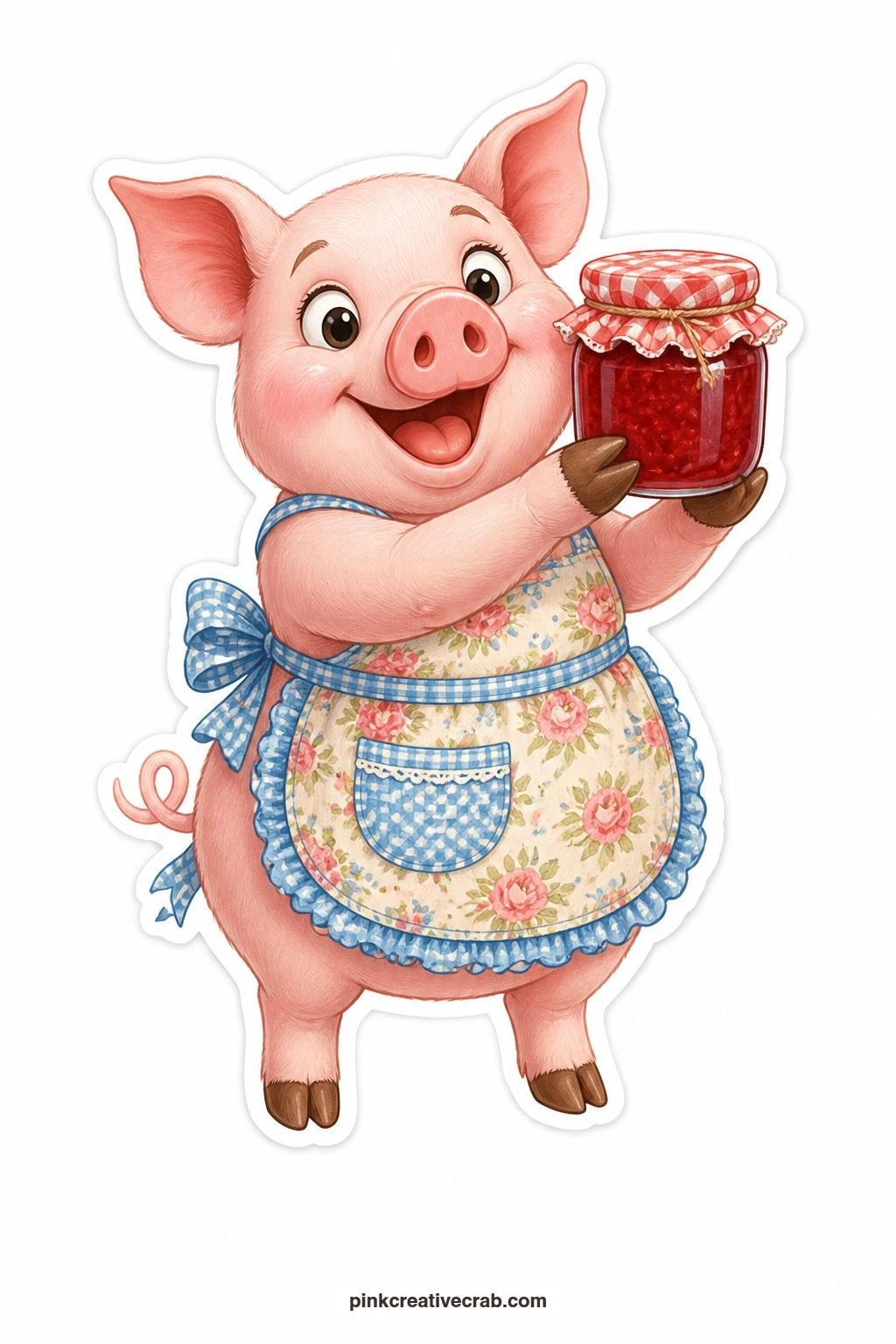 The Jam Jar Pride printable page — Beaming from ear to ear, a pig in a floral apron holds up a jar of homemade jam as if it just won first prize at the county