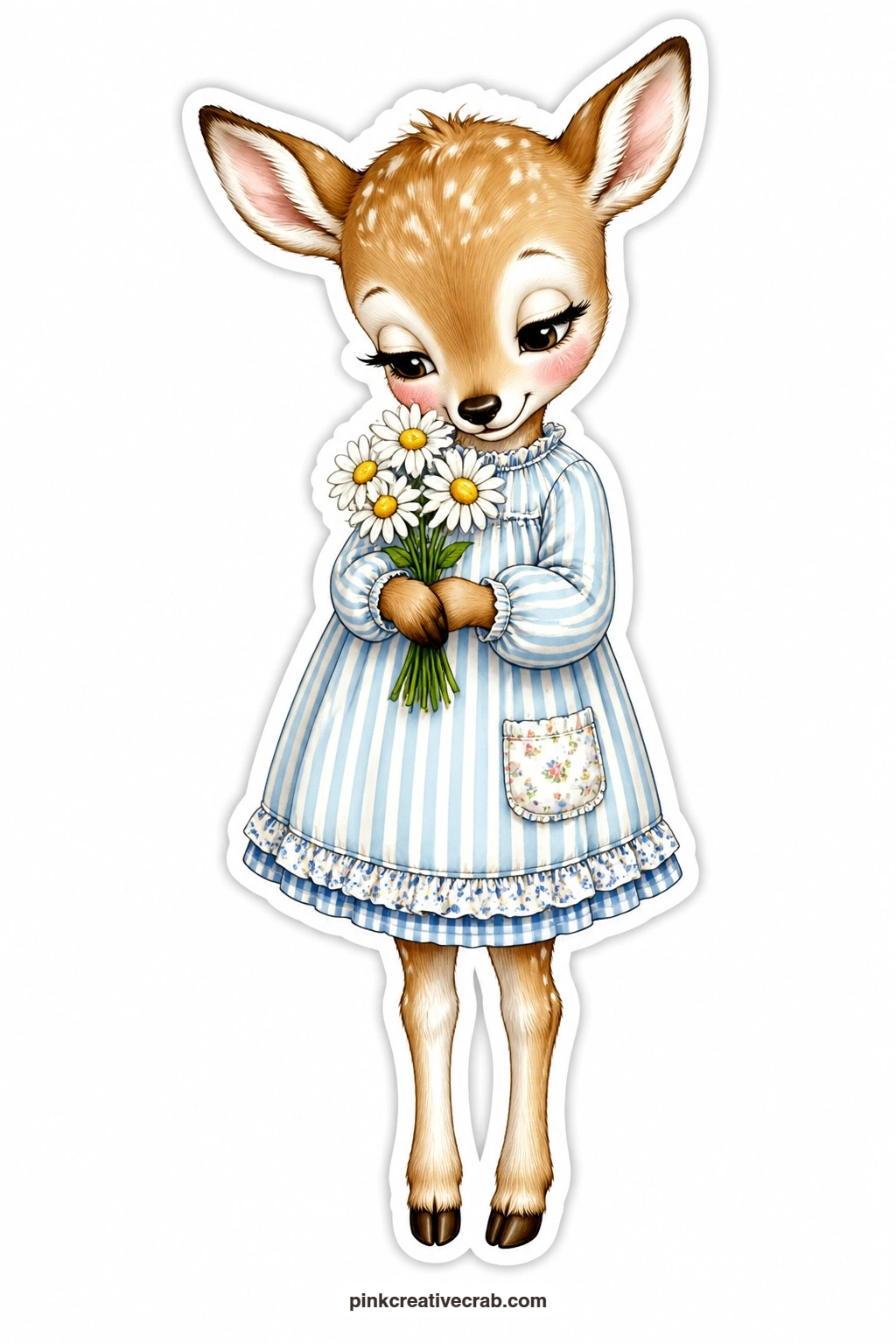 Daisies for Someone Shy printable page — Blushing right through her fur, a deer fawn in a ticking stripe smock carries a small bunch of daisies, clearly hoping