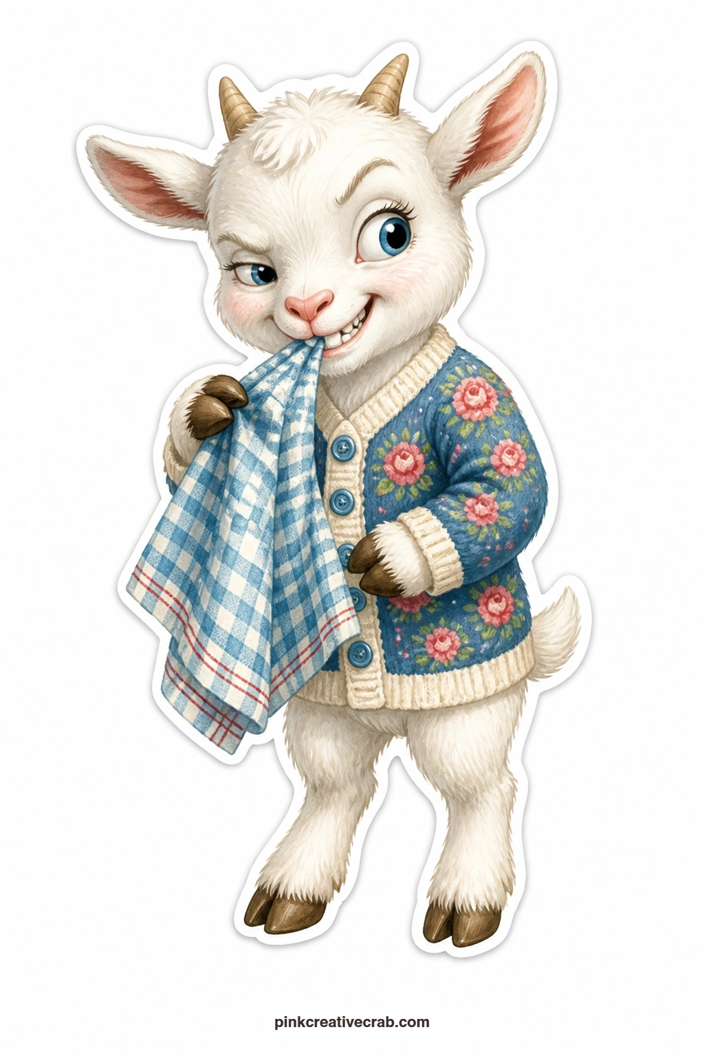 The Mischievous Dishcloth Nibble printable page — Caught red handed with a grin that gives everything away, a goat in a knitted cardigan nibbles the corner of