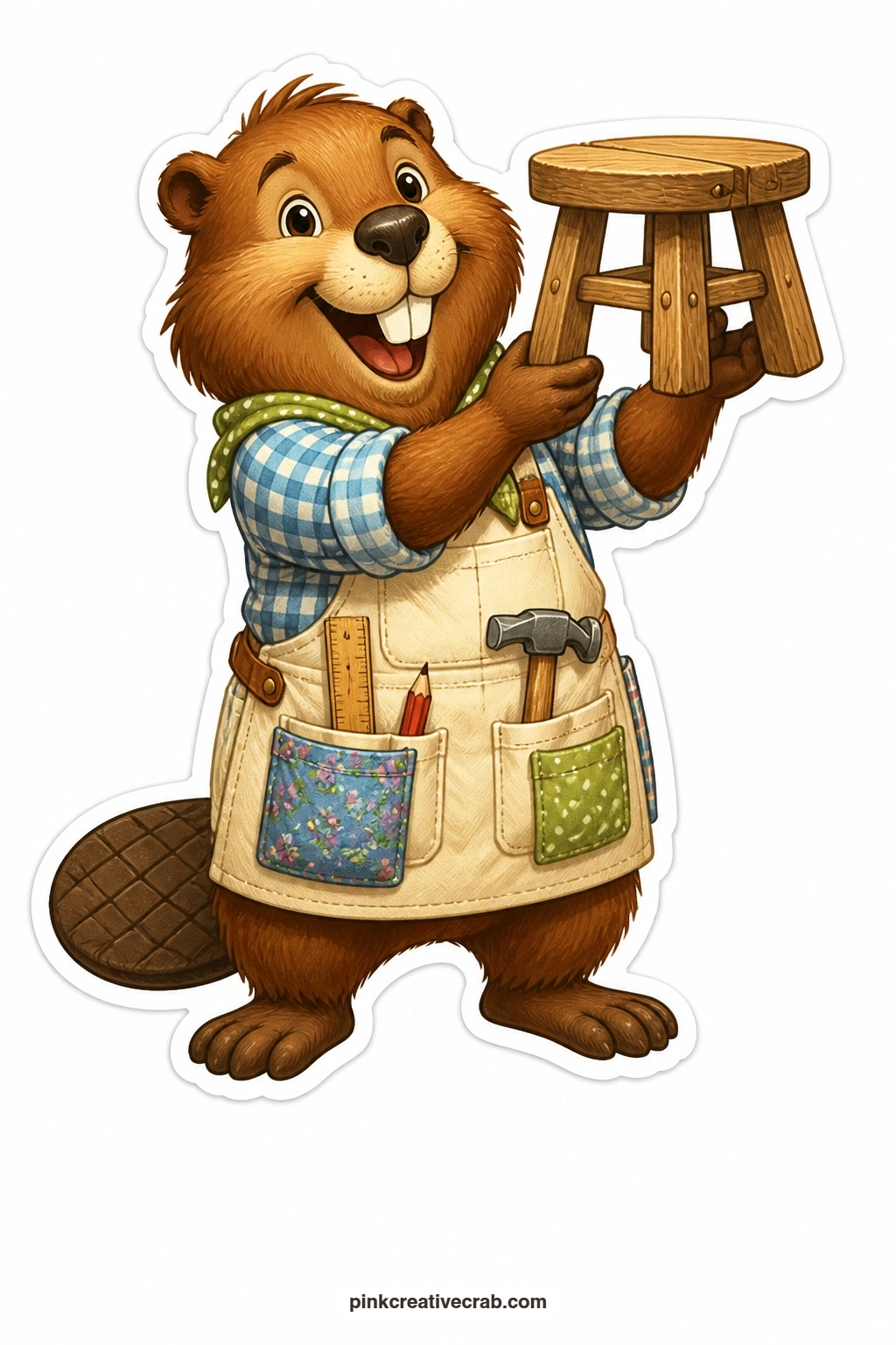 The Stool He Built printable page — Proud of every joint and nail, a beaver in a carpenter's apron holds up a little wooden stool he built with his own paws