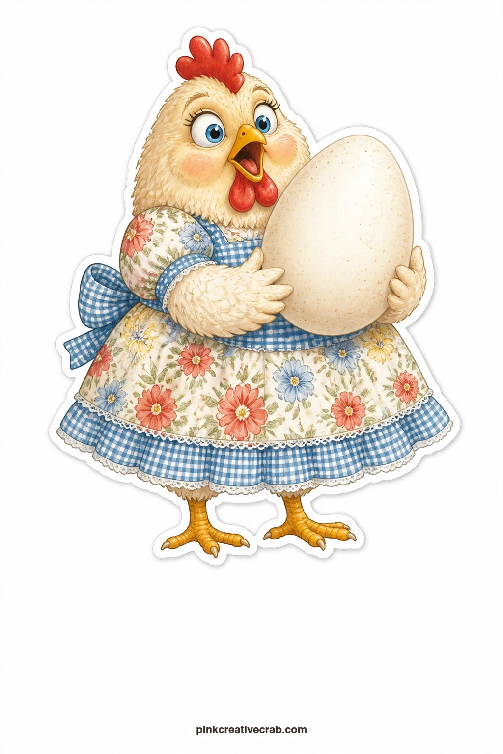 The Enormous Egg printable page — Clucking in pure amazement, a chicken in a calico dress holds an enormous egg in both wings, staring down at it as though she