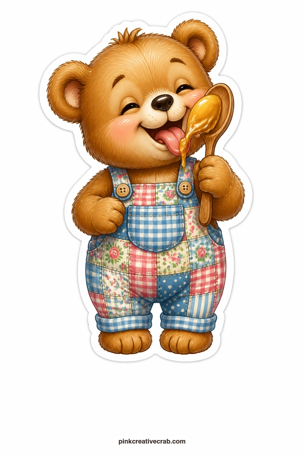 Honey on a Wooden Spoon printable page — Giggling with sticky paws, a bear cub in patchwork overalls licks honey straight off a wooden spoon, not even