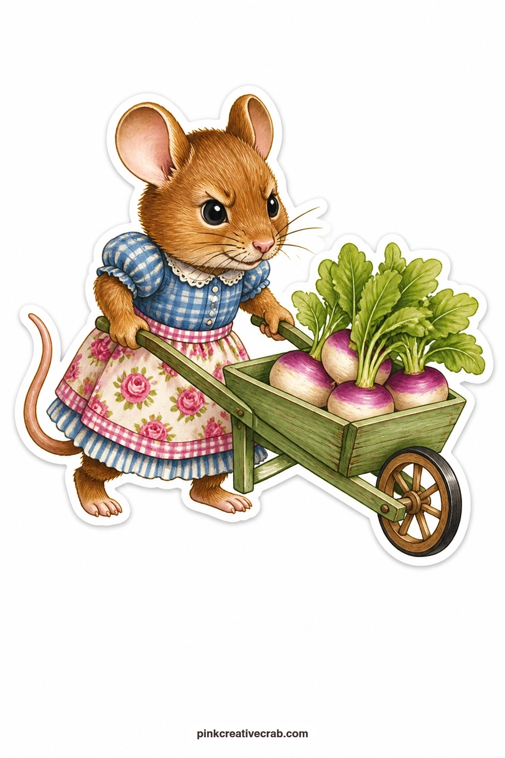The Turnip Wheelbarrow printable page — Determined and a little red in the face, a field mouse in a rose print skirt pushes a tiny wheelbarrow stacked with